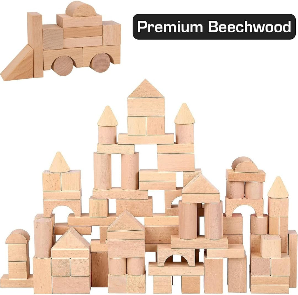 100 Pcs Wooden Blocks for Toddlers 1-3 Building Blocks for Kids | Storage Container with Shape Sorter Lid - Natural Beech Wood Blocks - Preschool Learning Toys Stacking Block