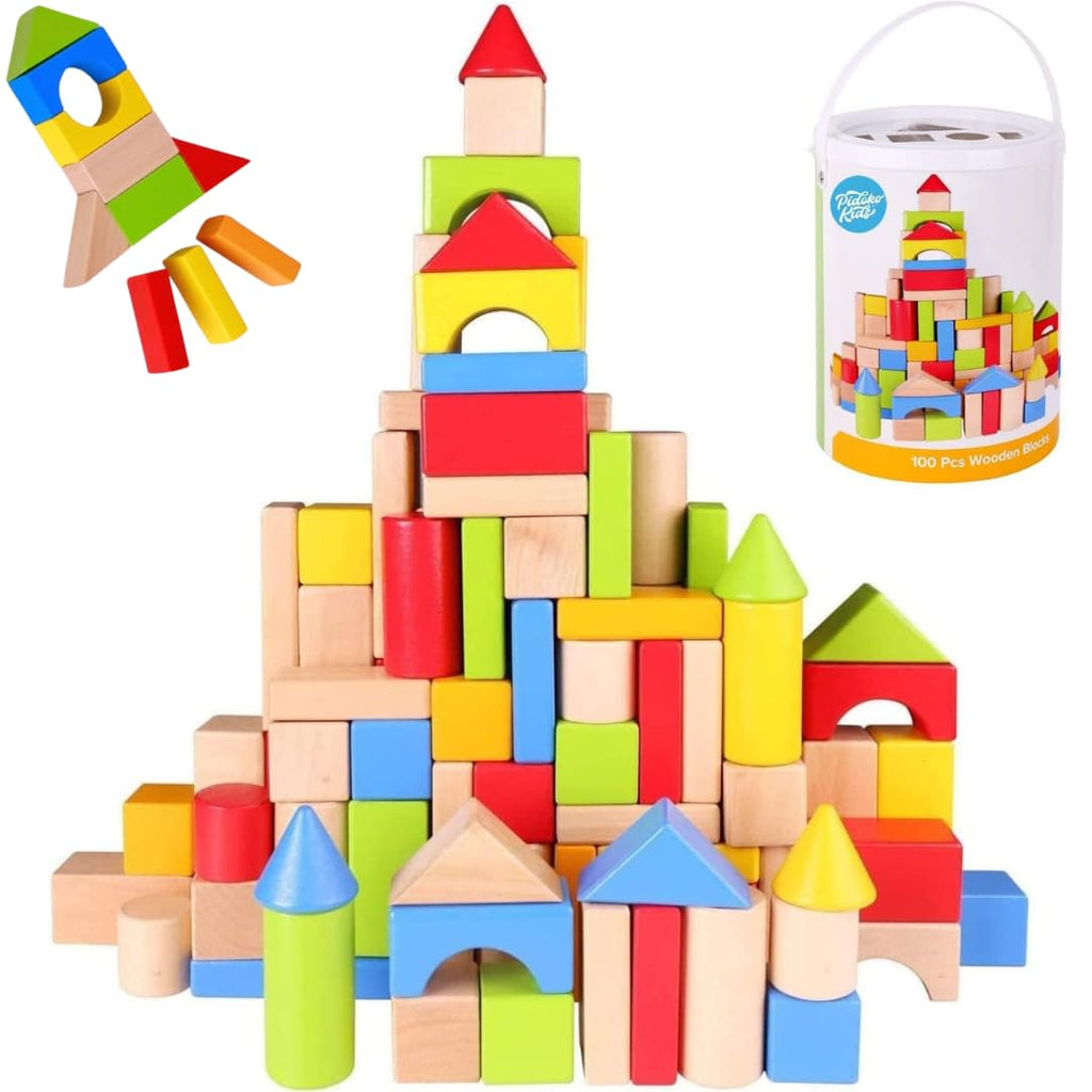100 Pcs Wooden Blocks for Toddlers 1-3 Building Blocks for Kids | Storage Container with Shape Sorter Lid - Natural Beech Wood Blocks - Preschool Learning Toys Stacking Block