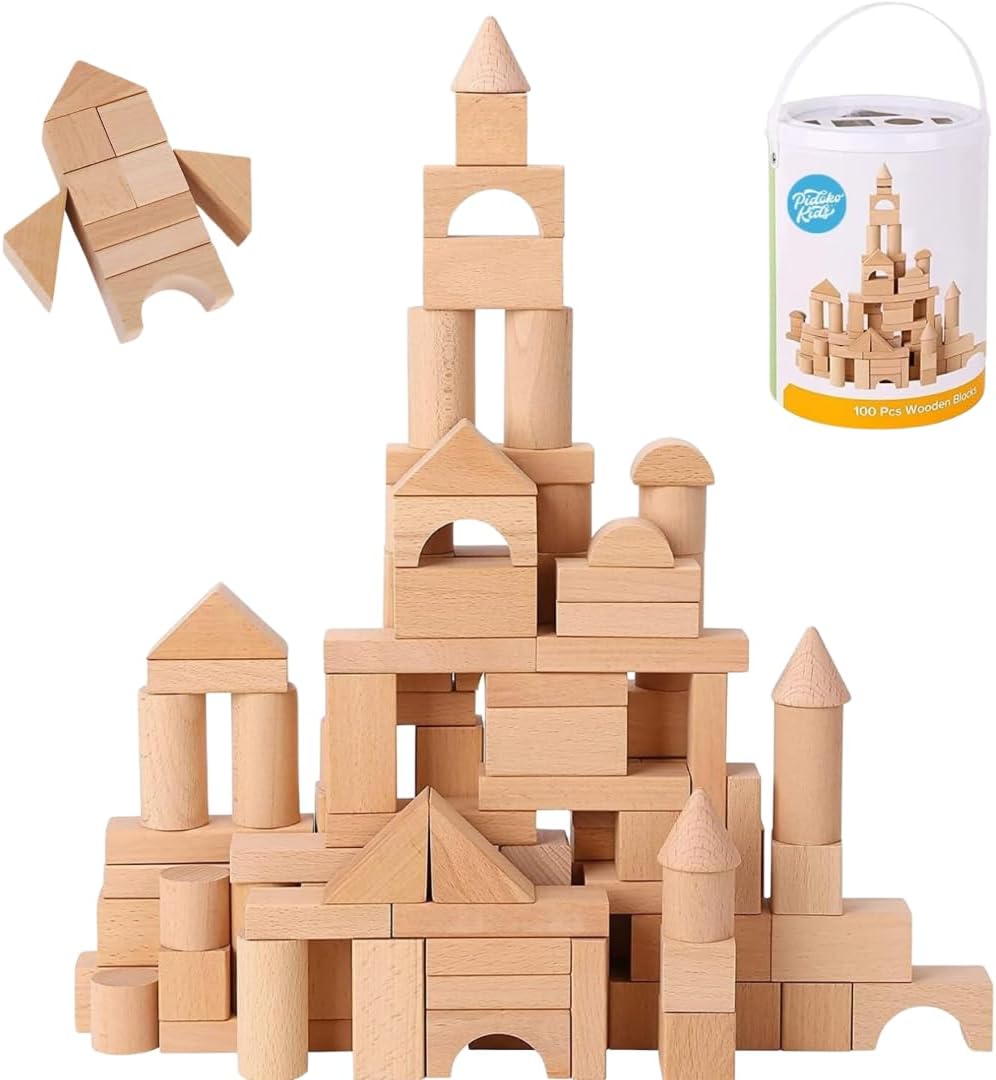 100 Pcs Wooden Blocks for Toddlers 1-3 Building Blocks for Kids | Storage Container with Shape Sorter Lid - Natural Beech Wood Blocks - Preschool Learning Toys Stacking Block