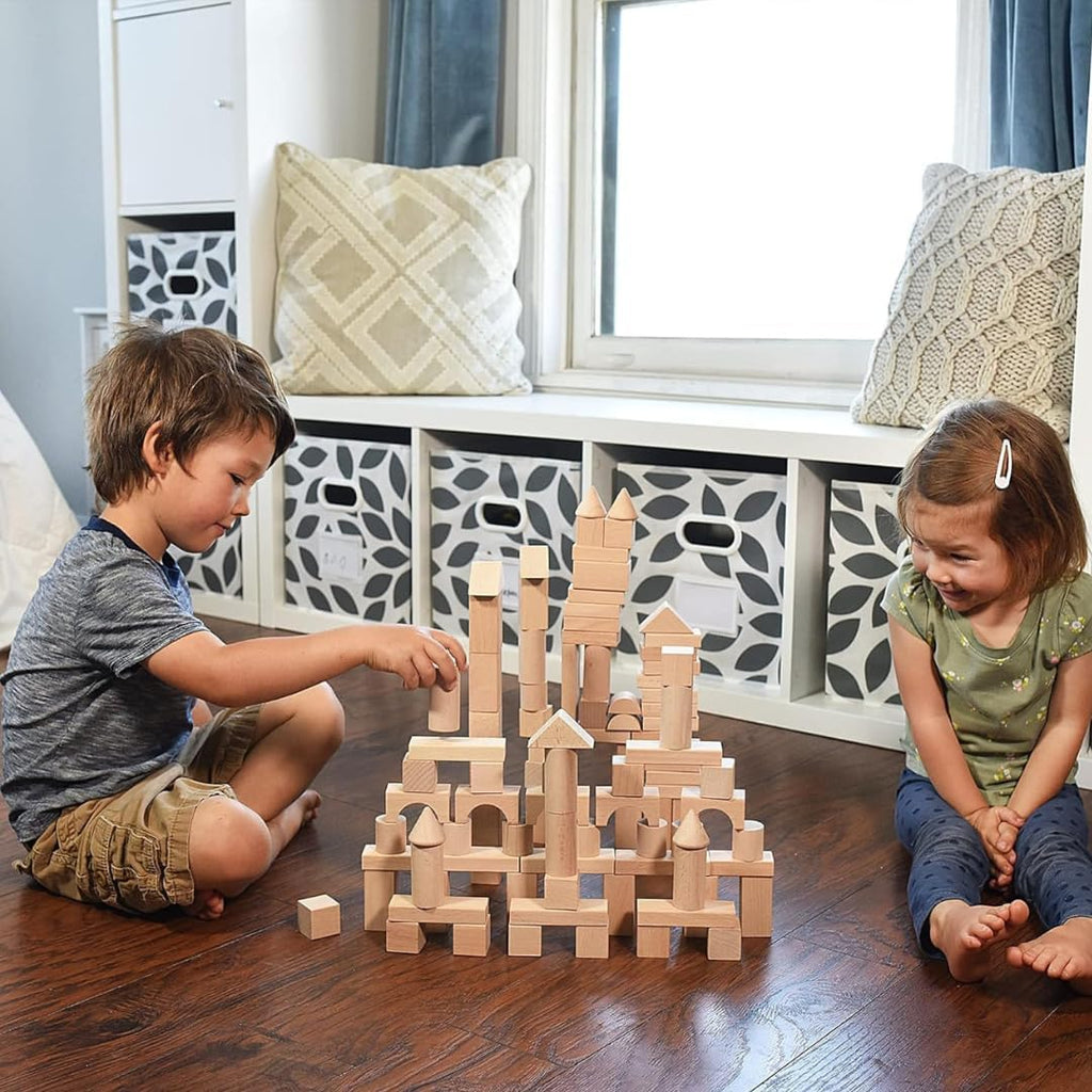 100 Pcs Wooden Blocks for Toddlers 1-3 Building Blocks for Kids | Storage Container with Shape Sorter Lid - Natural Beech Wood Blocks - Preschool Learning Toys Stacking Block