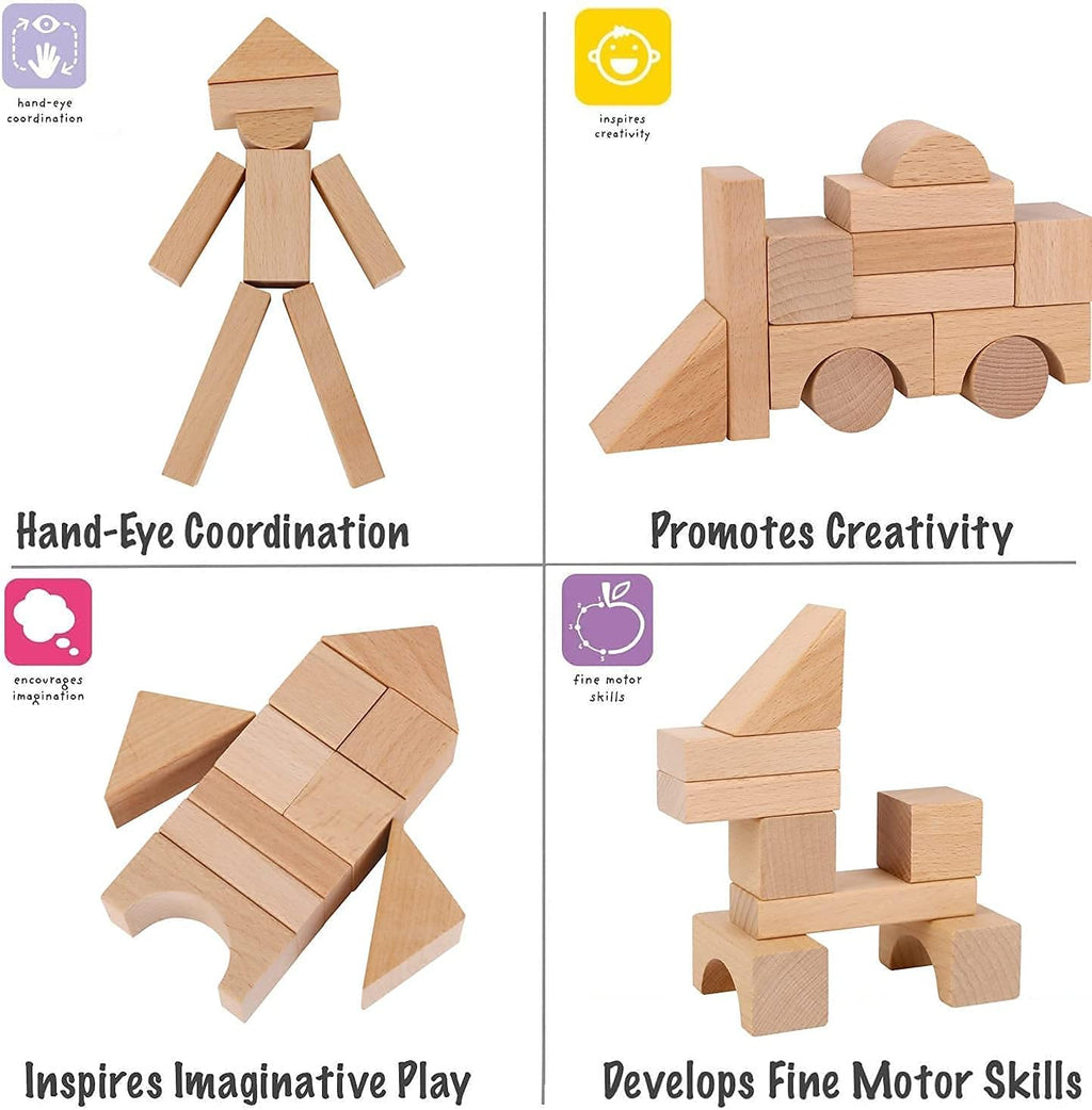 100 Pcs Wooden Blocks for Toddlers 1-3 Building Blocks for Kids | Storage Container with Shape Sorter Lid - Natural Beech Wood Blocks - Preschool Learning Toys Stacking Block